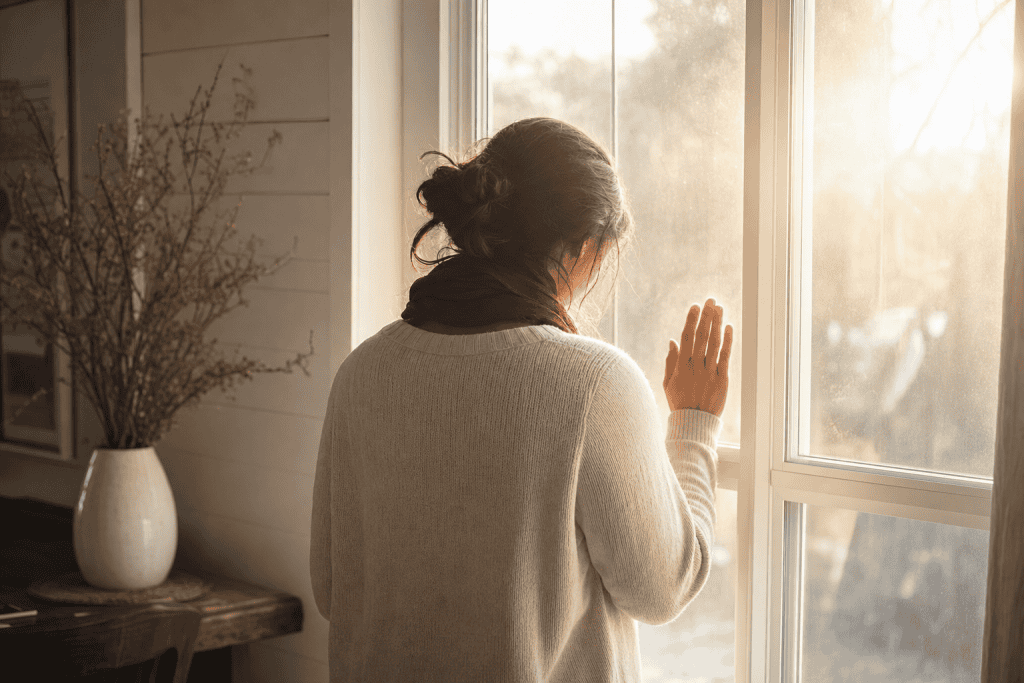 Woman looking out a window engaged in quiet war room prayer for her marriage
