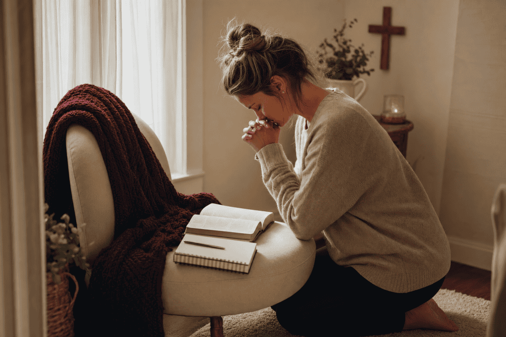 Woman kneeling in her prayer closet praying for marriage restoration