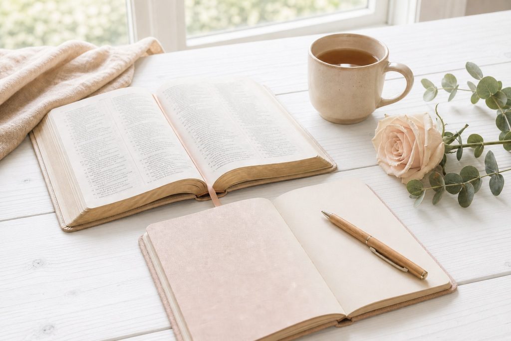 An open notebook, pen, and pink roses next to a coffee mug, setting a peaceful mood for daily scripture prayer.