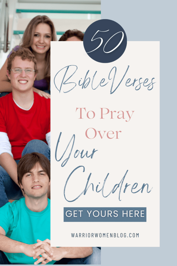 group of young adults sitting on stairs on left side of image for 50 Bible verses to pray over your children pinterest pin