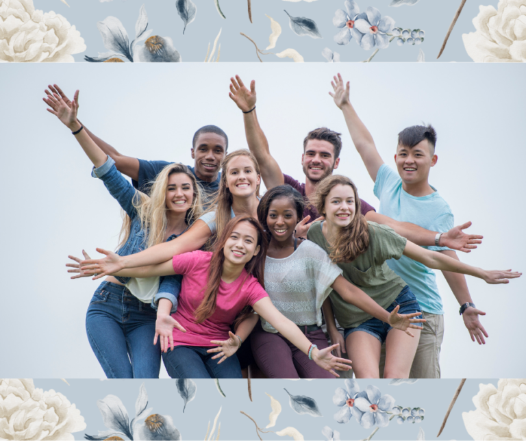 Light blue floral background with image of multicultural group of young adults in the center