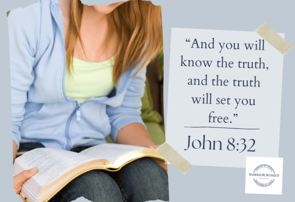 woman reading Bible and John 8:32 verse