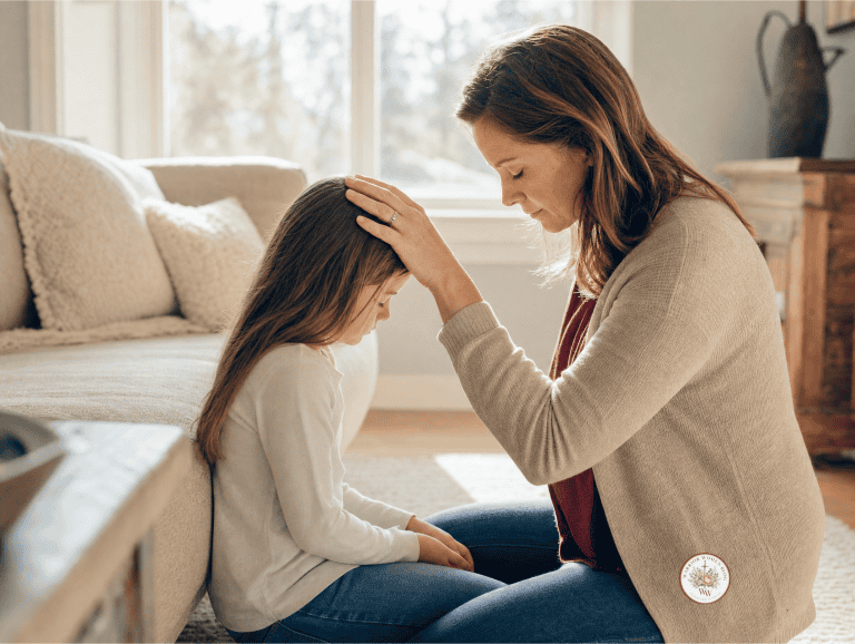 A mother praying over her child's identity and purpose with a gentle hand on their head, bathed in warm soft sunlight.