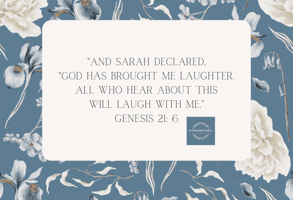 blue and cream floral background with Genesis 21:6