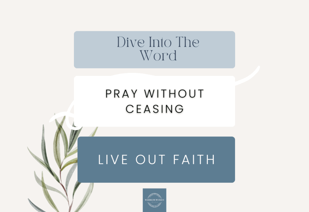 cream background with "dive into the word", "pray without ceasing", "live out faith" written