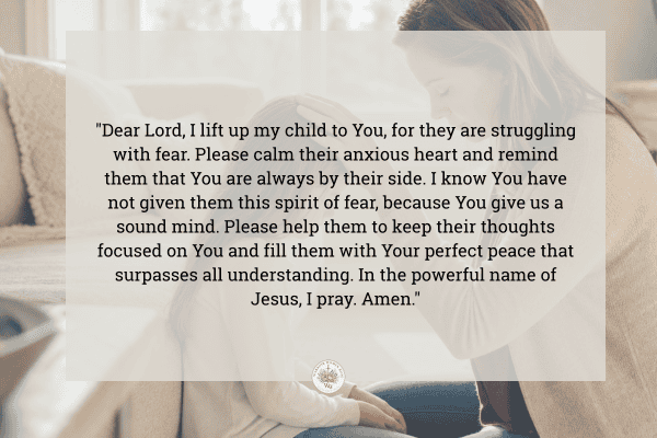 7 Prayers for Your Child's Mental Health graphic with mom's hand on daughter's head praying against fear