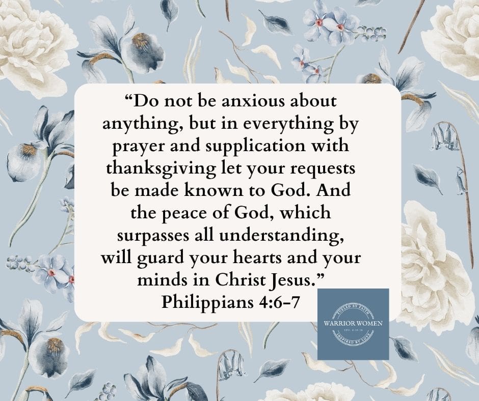 blue floral background with white box containing the Bible verse Philippians 4:6-7