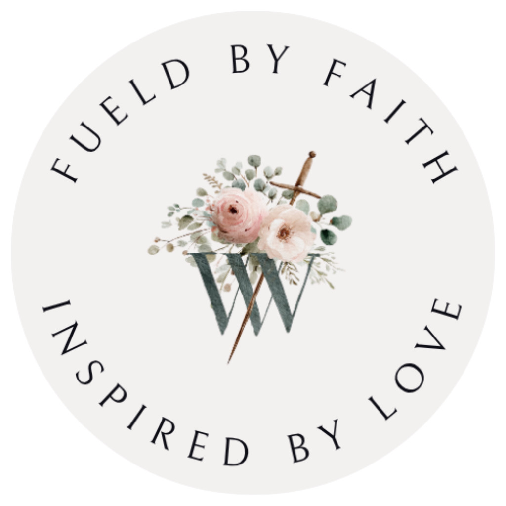 Sword with soft pastel flowers around it with WW for Warrior Women Blog and the words Fueled by Faith above the sword and Inspired by Love under the sword