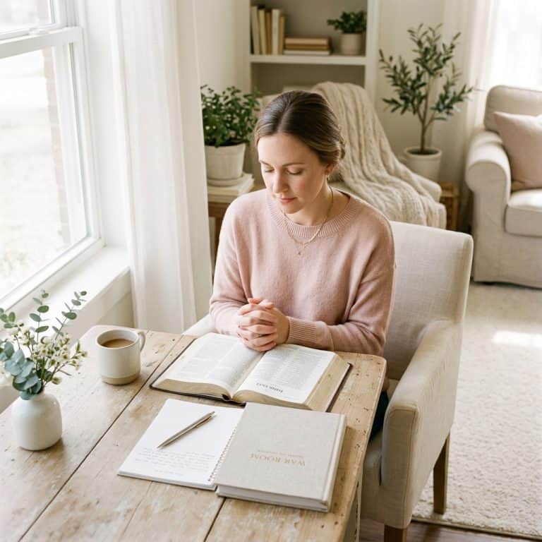 A woman praying over an open Bible and a War Room journal by a window, focusing on war room prayers to pray for your children.
