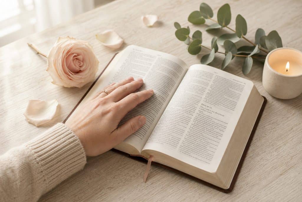 Close-up of a woman's hands holding a Bible open to the Psalms during a time of emotional pain and prayer.