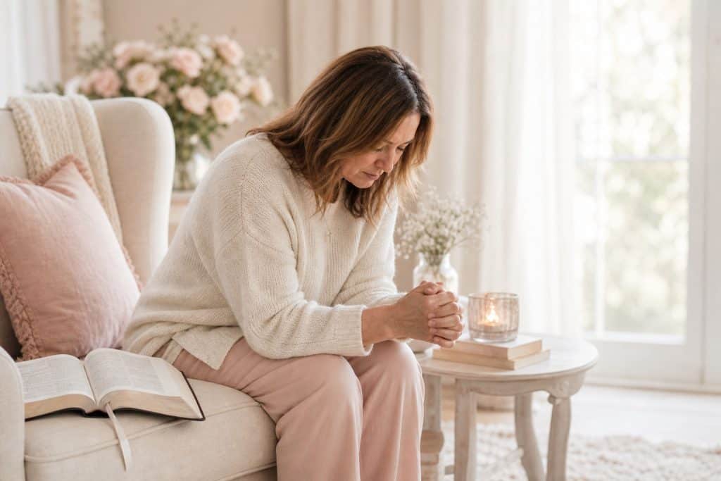 A woman sitting quietly in a peaceful room with an open Bible by her side, seeking comfort while reading scriptures and praying.