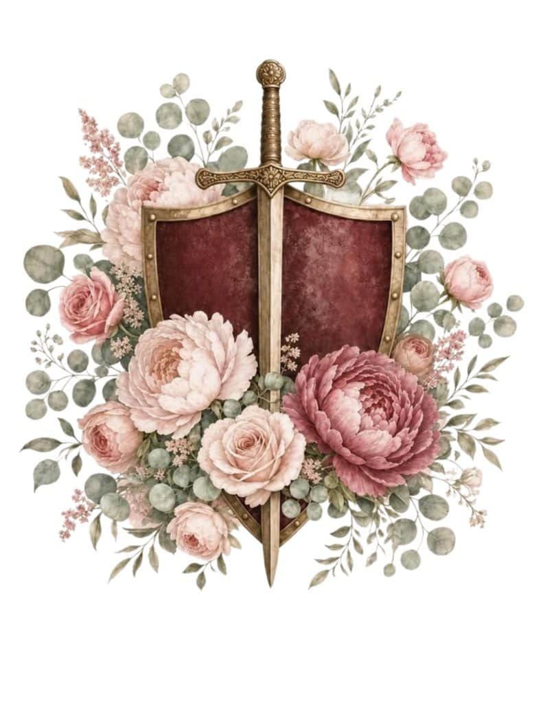 Shield with sword in front and flowers all around