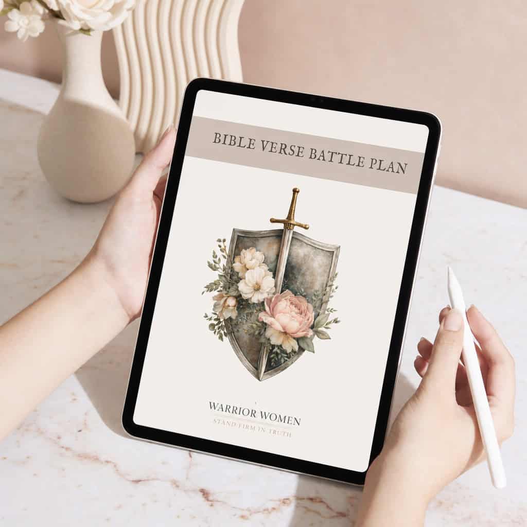 An iPad mockup displaying the Bible Verse Battle Plan guide with a shield and roses illustration, offering biblical encouragement for overwhelmed women.
