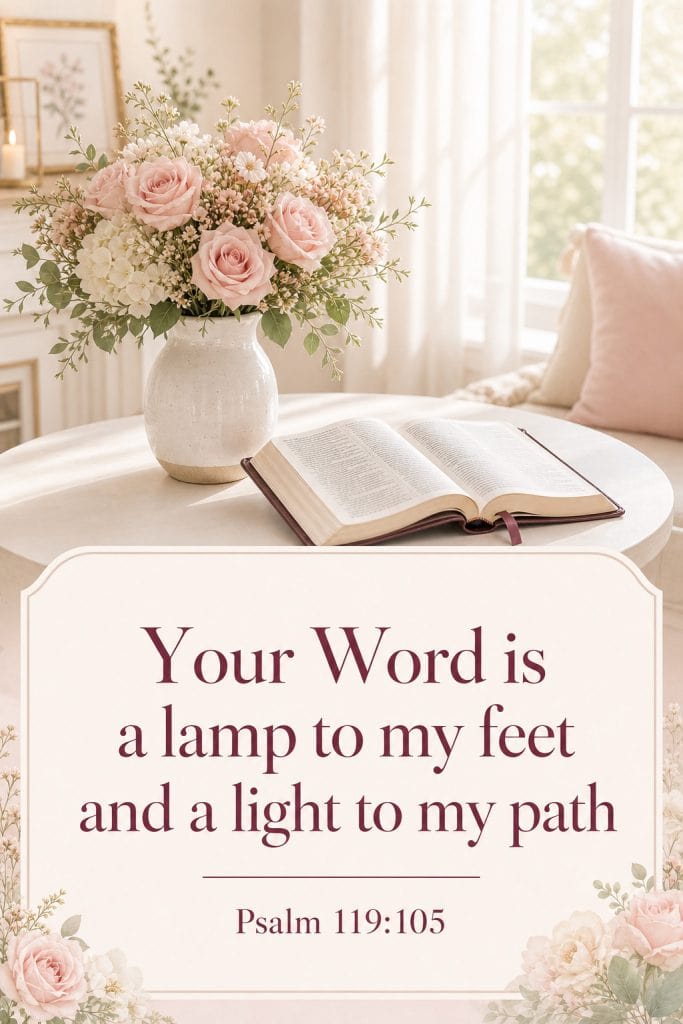 Open Bible on a round table with pink flowers with verse Psalm 119:105 for Request a free Bible page