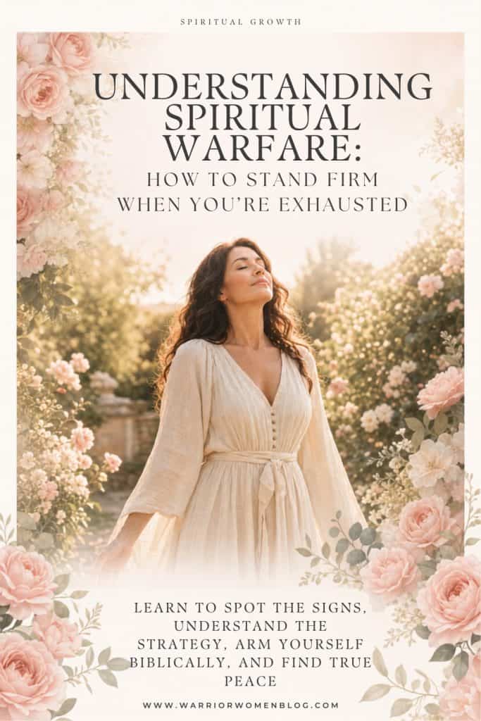 A Pinterest pin template for Warrior Women Blog titled Understanding Spiritual Warfare: How to Stand Firm When You’re Exhausted, featuring an open Bible, a wooden cross, and blush roses.