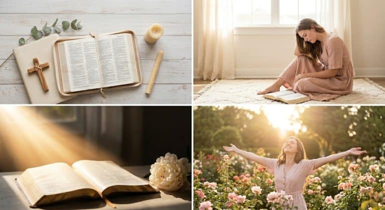 A woman in a blush dress sitting thoughtfully on a rug next to an open Bible, recognizing the subtle signs of spiritual attack.