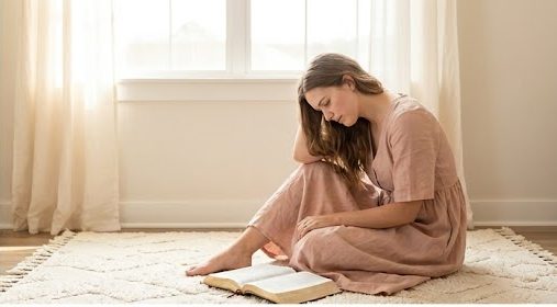 A woman in a blush dress sitting thoughtfully on a rug next to an open Bible, recognizing the subtle signs of spiritual attack.