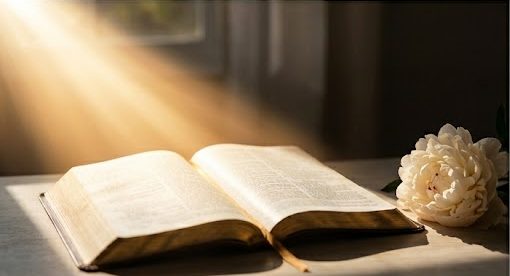 Bright morning sunlight streaming onto an open Bible next to a white peony flower, symbolizing light defeating darkness in spiritual battles.