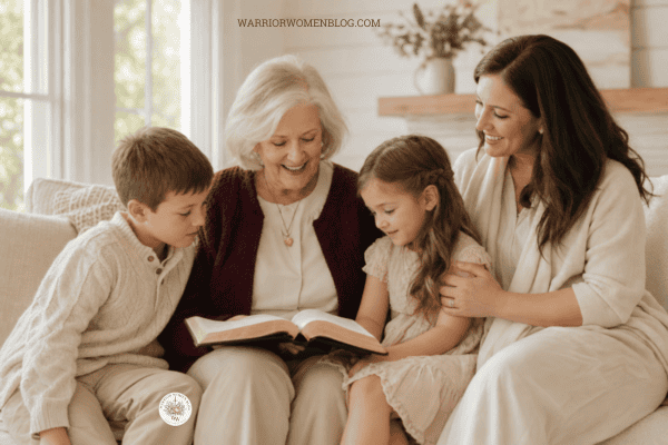 A grandmother, mother, and two children sitting together on a couch reading an open Bible.