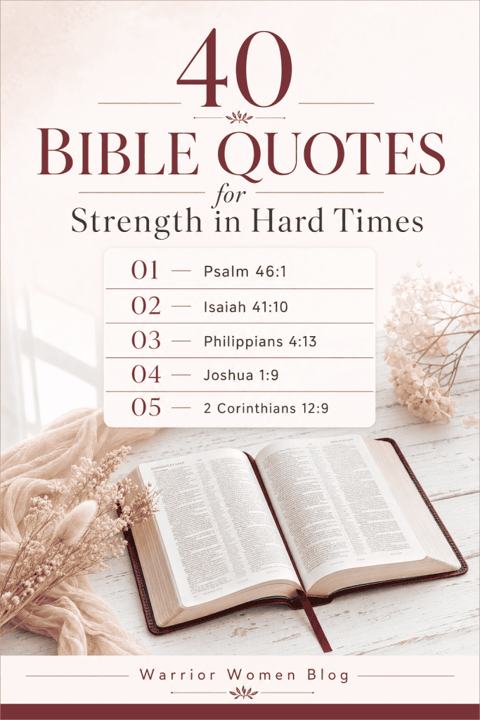 Pinterest graphic titled 40 Bible Quotes for Strength in Hard Times featuring a wooden cross and open Bible
